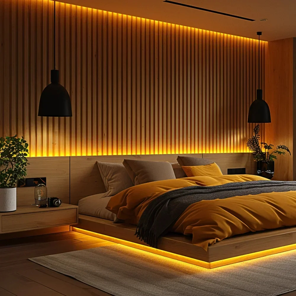 Dormitorio con paneles de listones
